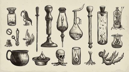 A detailed black-and-white illustration of vintage alchemy tools, glassware, and mystical artifacts. The intricate drawing evokes an antique and mysterious atmosphere. AI generated.