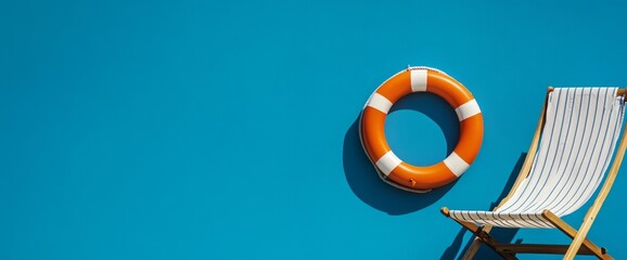 Beach chair, life preserver, vivid blue backdrop