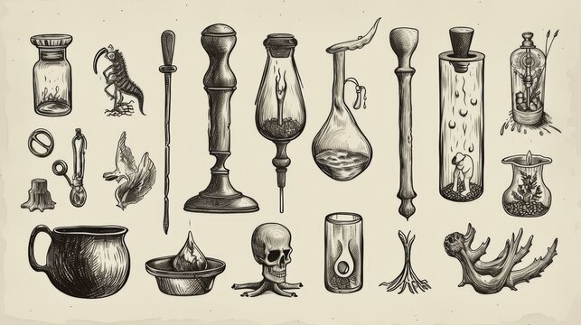 A detailed black-and-white illustration of vintage alchemy tools, glassware, and mystical artifacts. The intricate drawing evokes an antique and mysterious atmosphere. AI generated.