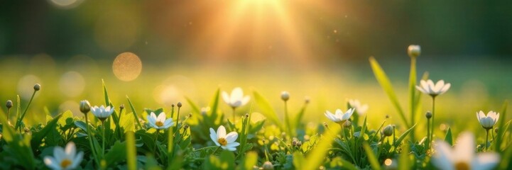 Ethereal light dances across dewy grass and flowers in early morning, soft focus, ethereal, flowers