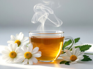 Chamomile tea with steam surrounded by fresh chamomile flowers and green leaves against a soft, neutral background