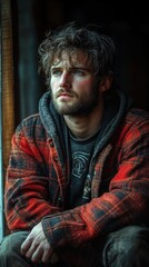 Obraz premium Young man in a plaid jacket gazing out of a window thoughtfully, capturing the depth of emotion and introspection in a natural, candid moment of solitude and reflection