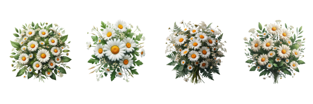 Field daisies, bouquet of flowers view isolated on transparent background, PNG file. Ideal for layouts or educational projects.