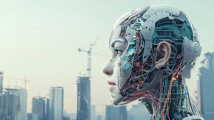 Futuristic Robotic Woman Profile Against Cityscape
