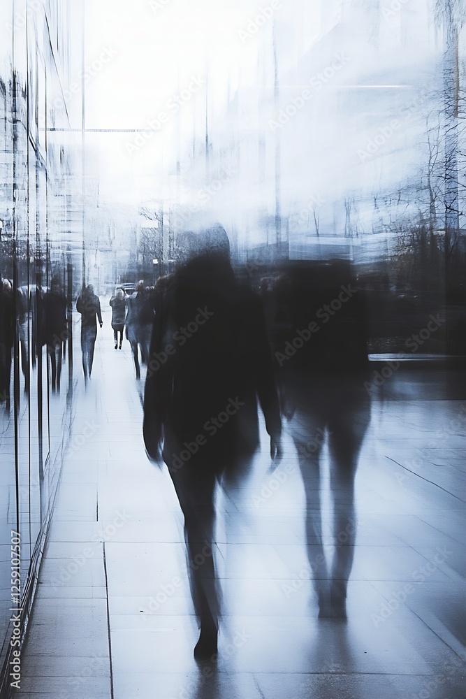 Poster mysterious cityscape with blurred figures walking on a cloudy day for urban photography : generative