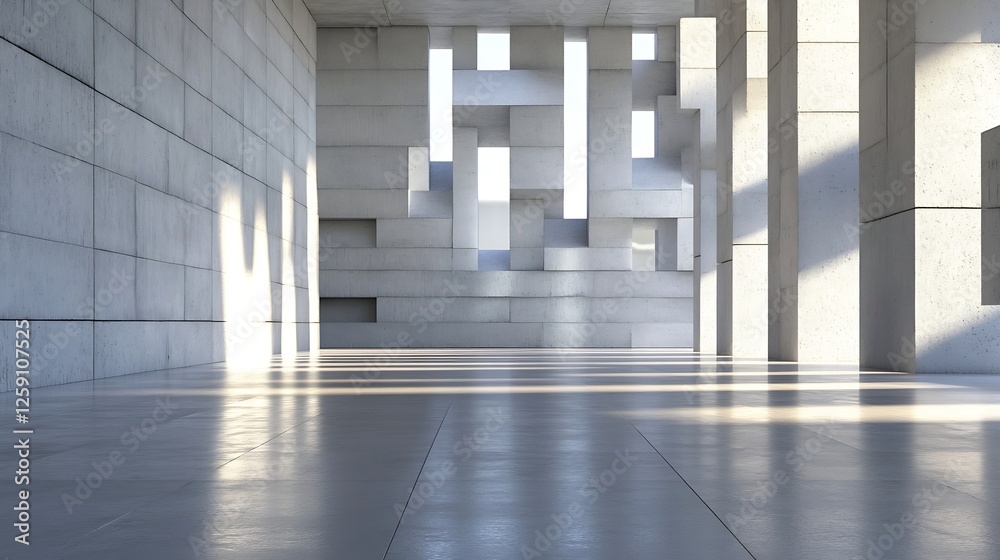 Poster modern architectural interior featuring geometric patterns and natural light creating a minimalist v