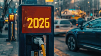 An Electric Vehicle Charging Station Displaying Year 2026 Amidst Urban Pollution, Modern Cars, and City Life, Symbolizing the Future of Sustainable Transportation
