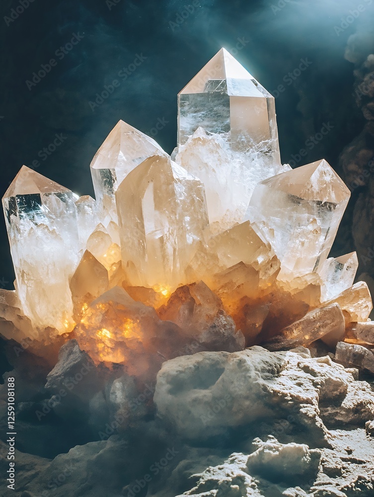 Aufkleber stunning natural crystal with glittering points and warm light inside a cave environment : generativ