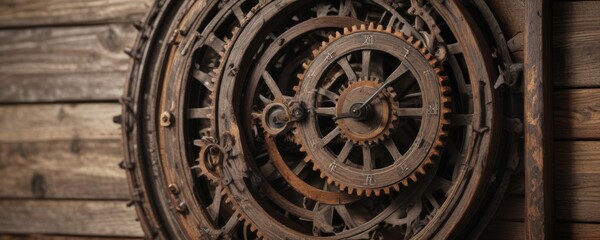 Fototapeta premium Distressed wooden clock with rusty gears and chain, gear, clock, machinery