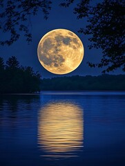 Stunning Moon Reflection Over a Calm Lake During Night : Generative AI