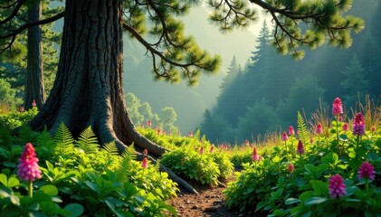 Fototapeta premium Ferns and wildflowers under towering pine tree, nature, ferns, flowers