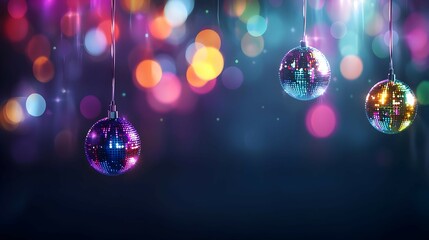 Obraz premium Colorful Disco Balls Hanging Against a Dark Background with Blurred Lights