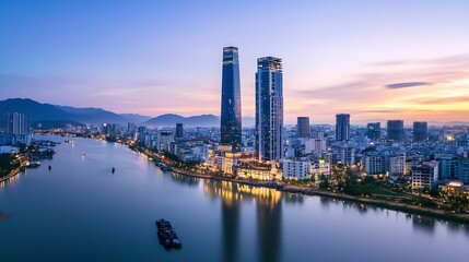Naklejka premium Stunning Cityscape at Dusk Featuring Modern Skyscrapers and Reflective Water in Vietnam : Generative AI