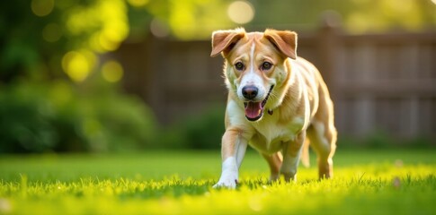 Dog playing fetch in backyard , grass, dog, sunshine