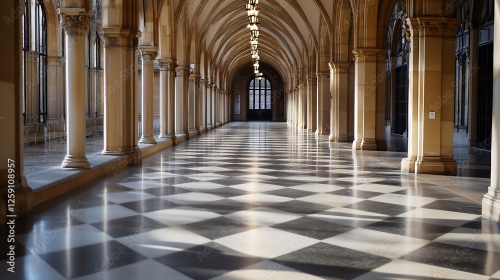 Fototapete elegant hallway with checkerboard floor and arched windows in historical building : generative ai