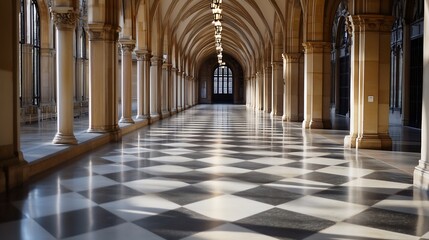 Elegant Hallway with Checkerboard Floor and Arched Windows in Historical Building : Generative AI