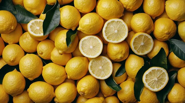 An overflowing scene of sliced and whole lemons, completely covering the view with bright yellow citrus and a few leaves scattered between.