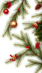 An arrangement of evergreen twigs and Christmas decorations. Flatlay. Copy space. White background, hyperrealism. with white shades