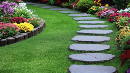 Stone path meanders through vibrant garden flowers