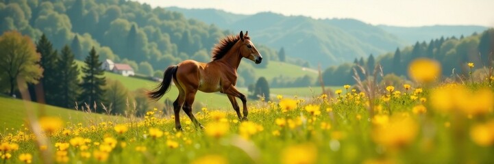 Fototapeta premium Foal frolics on the hill with mother, horse, landscape, hill