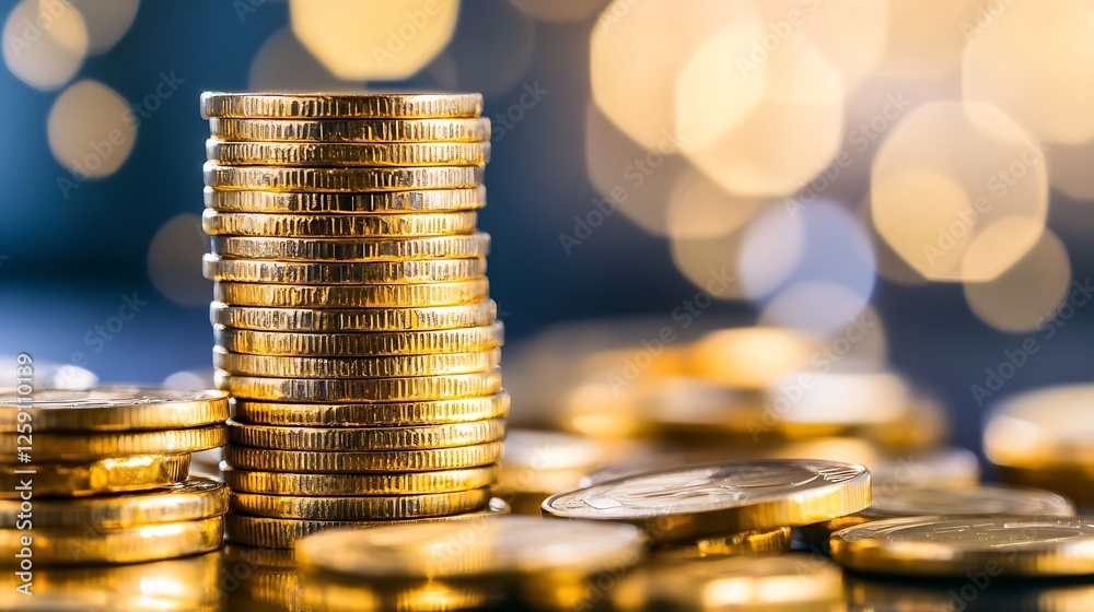 Leinwandbilder Stacks of Gleaming Gold Coins on a Glimmering Table with Bokeh Effect : Generative AI