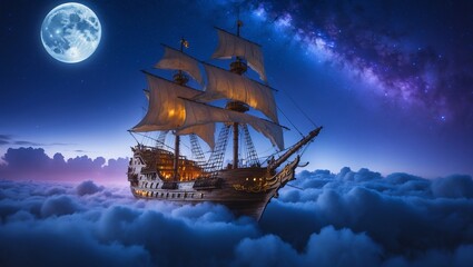 Fototapeta premium Sailing through clouds under a moonlit sky, a magnificent ship captures the essence of adventure and wonder, blending fantasy and maritime history in a cosmic landscape