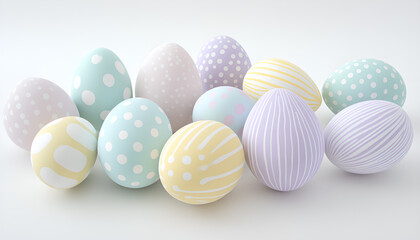 Obraz premium Colorful pastel easter eggs with polka dots and stripes on white background