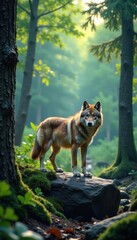 Forest landscape with a wolf standing on a rock, prey, silence, trees