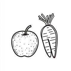 Fototapeta premium Simple black and white illustration of an apple and a carrot. Possible use in children's educational materials or healthy food graphics