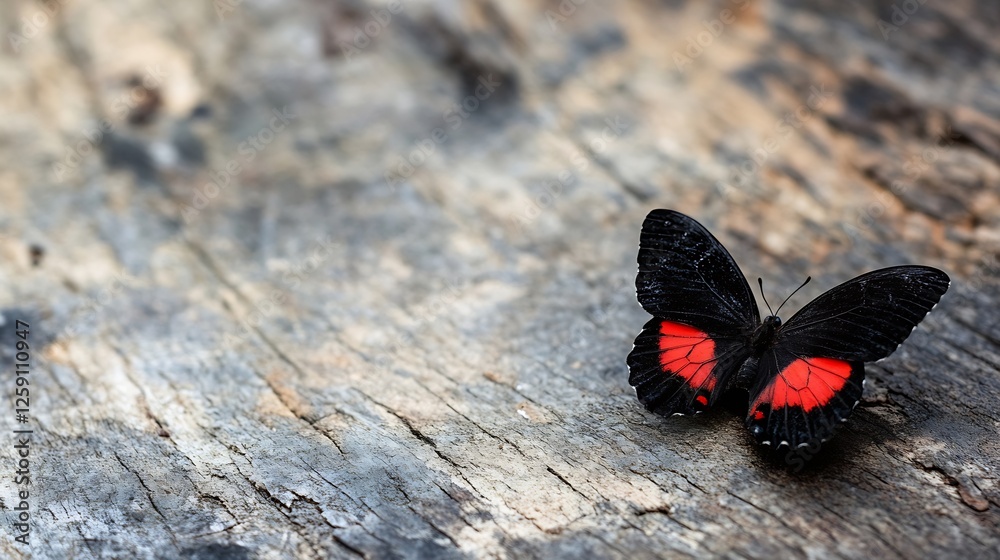 Poster vivid red and black butterfly resting gracefully on weathered wood background in nature scene : gene