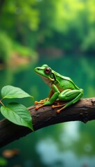 Frog perched on a leafy branch overlooking a lake, landscape, environment, leaf