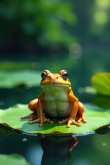 Frog sitting on a large lily pad, nature, frogs, lily pads