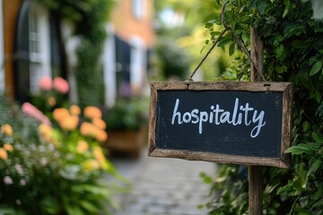 Wooden Sign with Handwritten Hospitality in a Picturesque Garden Pathway Surrounded by Greenery and Colorful Flowers at a Cozy Location