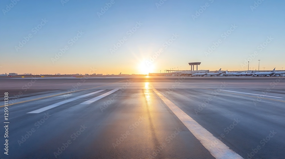 Aufkleber mesmerizing sunrise over airport runway with airplanes and modern architecture : generative ai