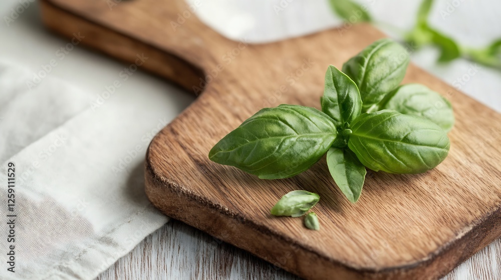 Aufkleber fresh basil leaves on wooden cutting board for culinary use with soft linen background : generative 