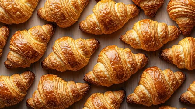 A seamless spread of freshly baked croissants, tightly arranged to fill the entire frame with their golden, flaky texture and warm, buttery tones.