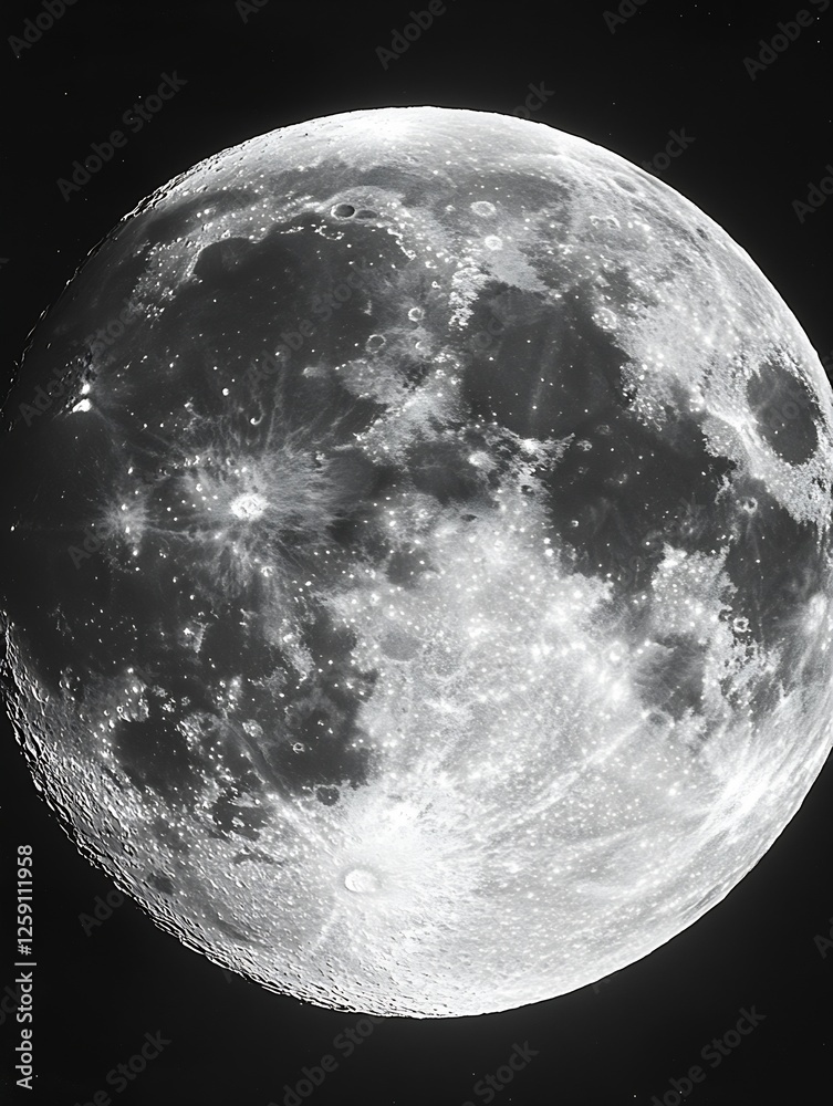Poster stunning black and white image of the full moon with visible craters : generative ai