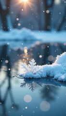 Delicate snowflakes falling gently on frozen pond water surface, frosty, mirror