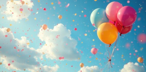 Fototapeta premium Multicolored balloons ascend amidst a shower of confetti; a joyous sky scene , sky, confetti