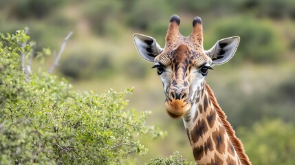 Obraz premium Majestic Giraffe Peeking Through Bushes in Natural Habitat Close Up : Generative AI