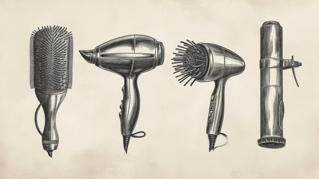 A set of finely detailed technical sketches featuring different hair styling tools, including hairdryers and a brush, drawn in a vintage blueprint style with precision and clarity. AI generated.