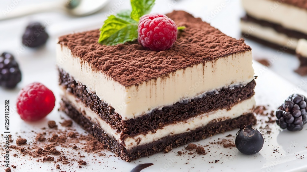 Poster decadent chocolate dessert layered with cream and berries showcasing indulgence and sweetness : gene
