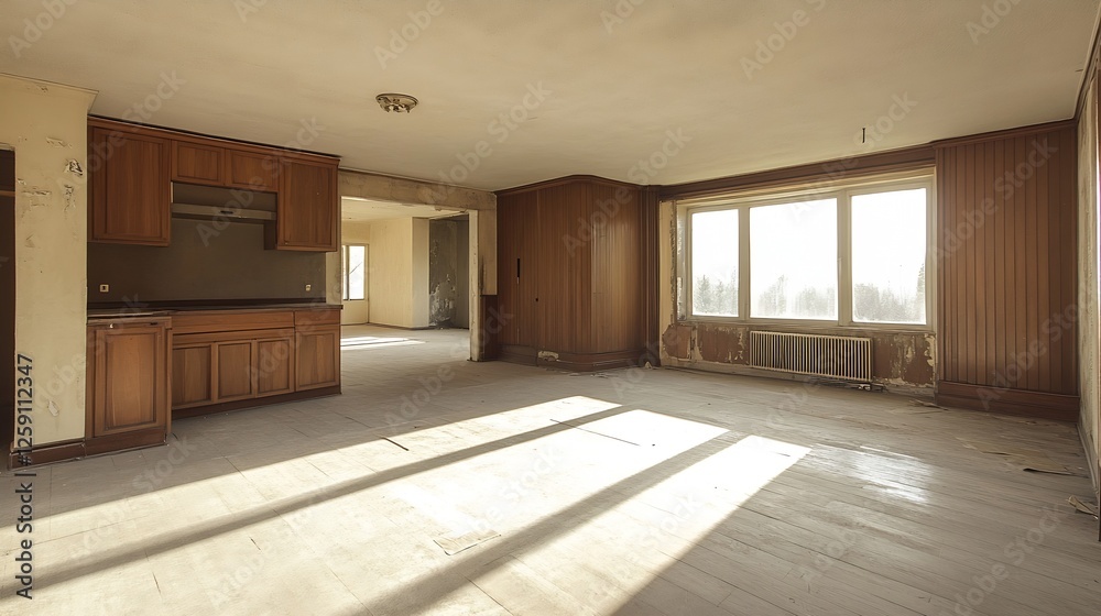 Aufkleber spacious empty room with natural light coming through large windows ready for renovation : generativ