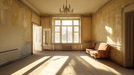 Spacious abandoned living room with vintage furniture and soft light streaming through large windows : Generative AI