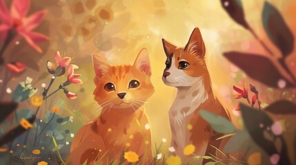 Fototapeta premium A charming digital painting of two kittens sitting amidst a softly lit floral background. The warm tones and delicate details create a peaceful and heartwarming atmosphere. AI generated.