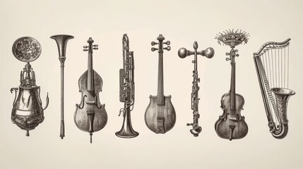 A unique hand-drawn illustration of surreal and hybrid musical instruments, blending classical violins, brass, and woodwind elements in an intricate, vintage engraving style. AI generated.