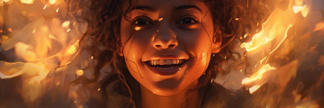 Vibrant Portrait: A joyful girl illuminated by fiery colors, embodying warmth and positivity; suitable for emotional and artistic projects.