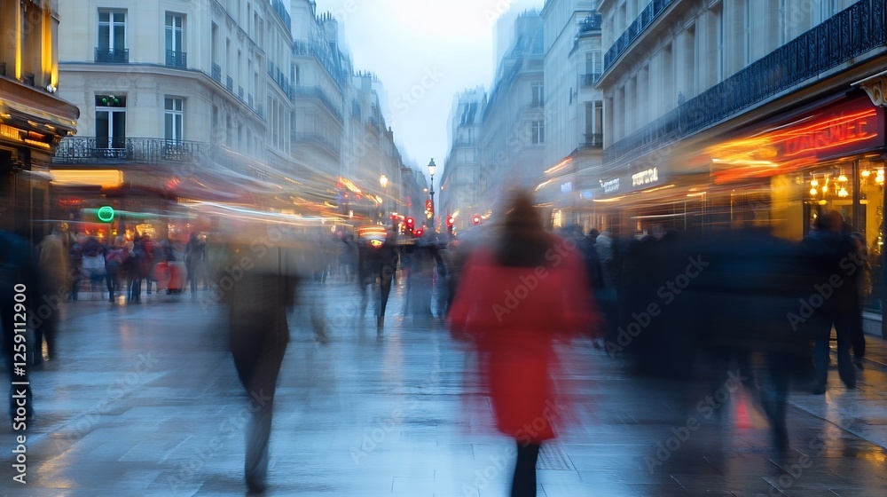 Poster dynamic blurred scene of busy street life on a foggy evening : generative ai