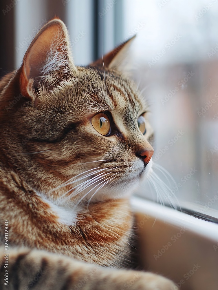 Poster close up of a domestic cat relaxing by the window with beautiful golden eyes focused outside : gener