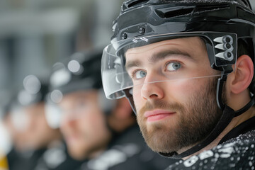 Focused hockey player during a game, showcasing intensity and team spirit in practice